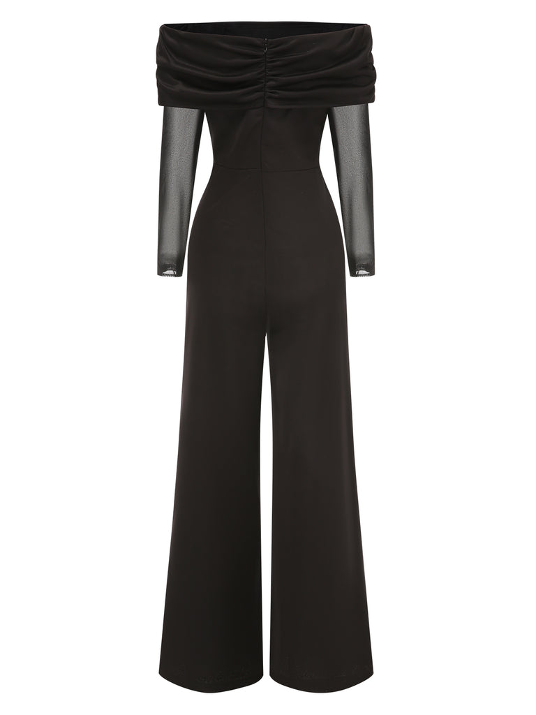 Black 1950s Off-Shoulder Sheer Sleeve Jumpsuit