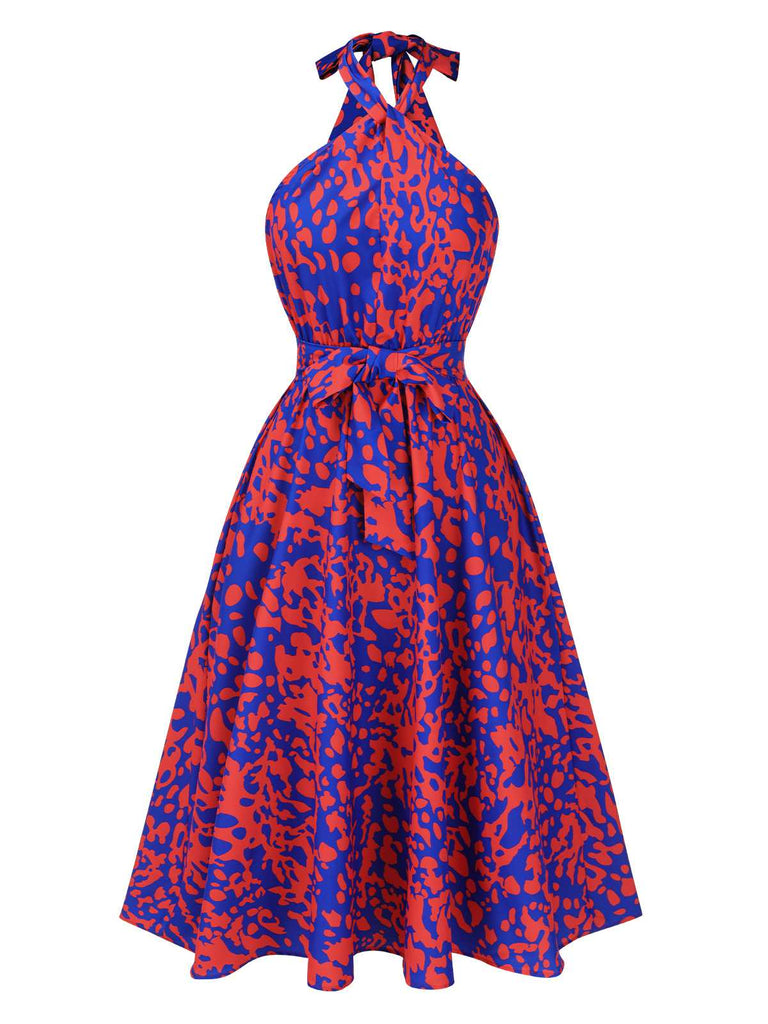 1950s Halter Abstract Print Backless Swing Dress