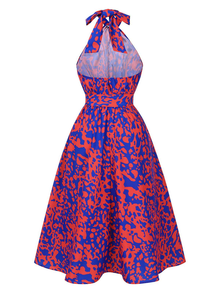 1950s Halter Abstract Print Backless Swing Dress