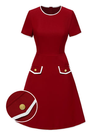 Red 1960s Solid Faux Pocket Dress