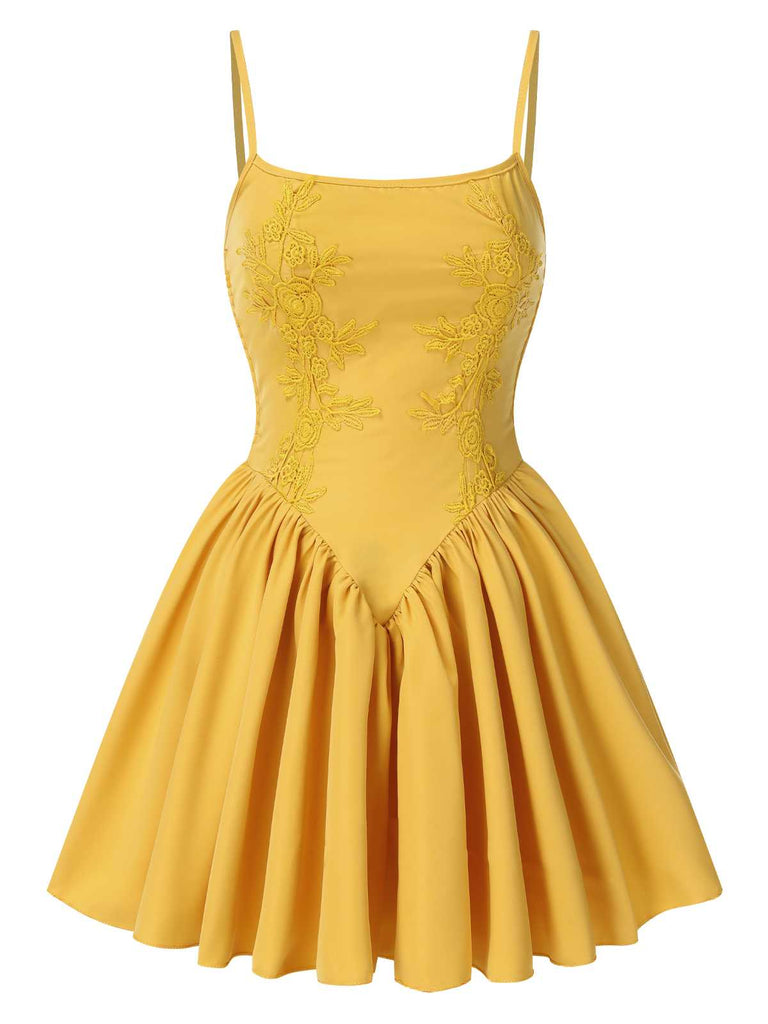 Yellow 1950s Strap Floral Embroidered Dress