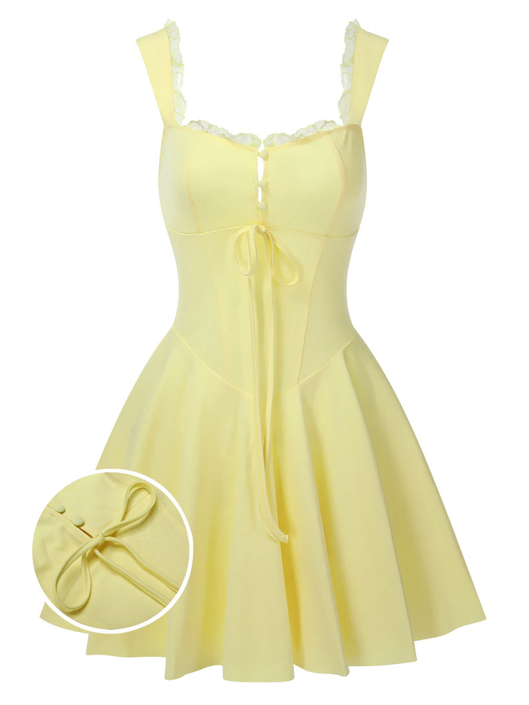 Yellow 1950s Solid Square Neck Skater Dress