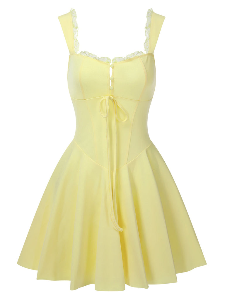 Yellow 1950s Solid Square Neck Skater Dress