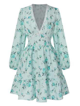 Green 1950s Deep V-Neck Puff Floral Dress