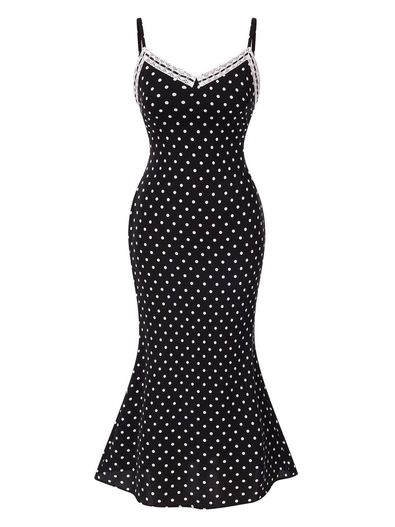 Black 1930s Spaghetti Strap Polka Dots Mermaid Dress