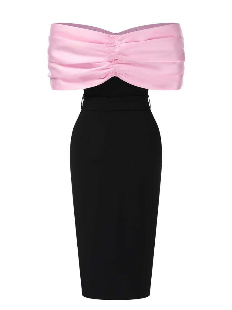 Pink & Black 1960s Bow Off-Shoulder Belted Dress