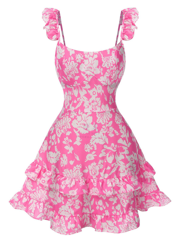 Pink 1970s Ruffled Suspender Lace-Up Floral Dress