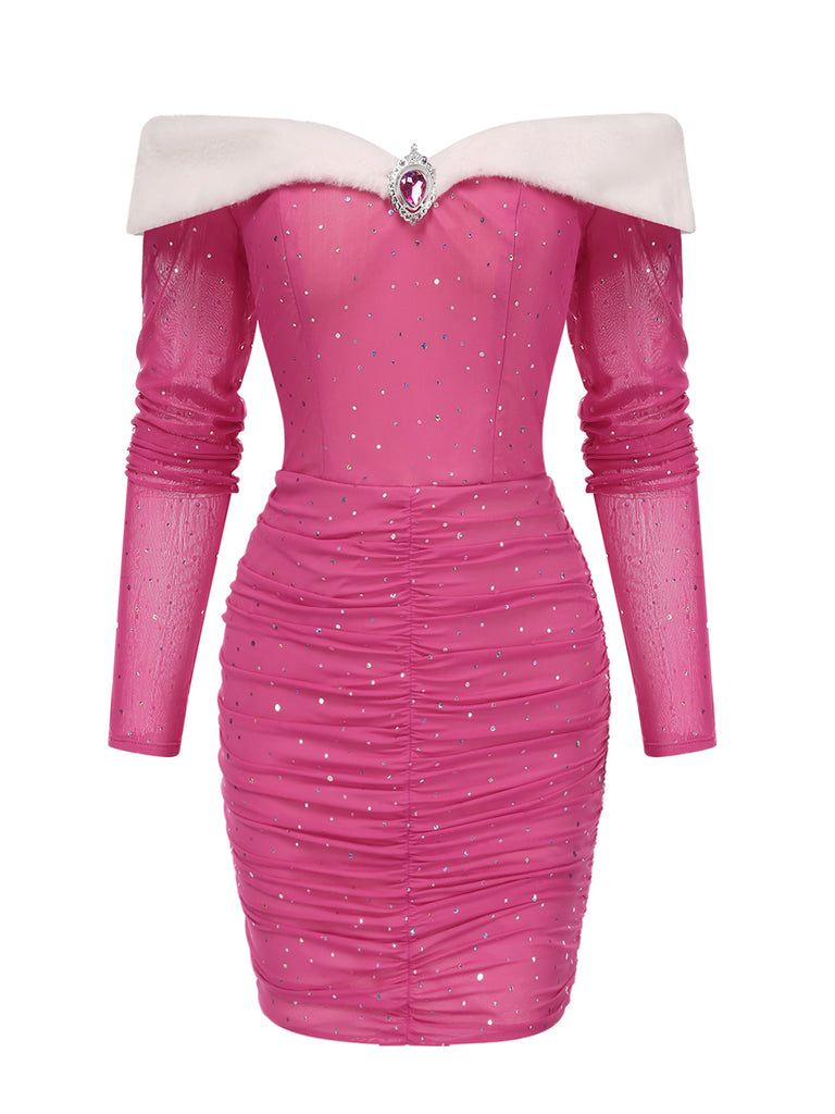 Pink 1960s Glitter Off-Shoulder Plush Wrinkle Dress