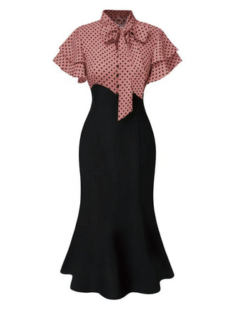 [Pre-Sale] Black & Pink 1930s Dots Tie Neck Mermaid Dress
