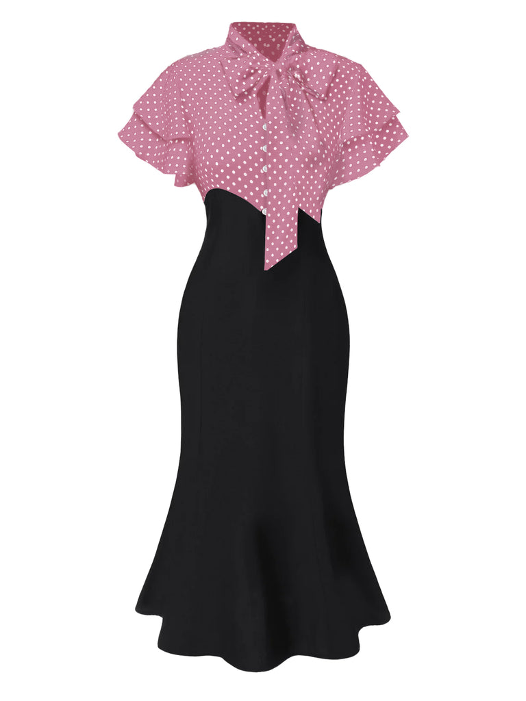 Black 1930s Dots Tie Neck Mermaid Dress