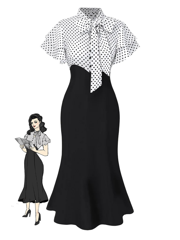 [Pre-Sale] Black & Pink 1930s Dots Tie Neck Mermaid Dress