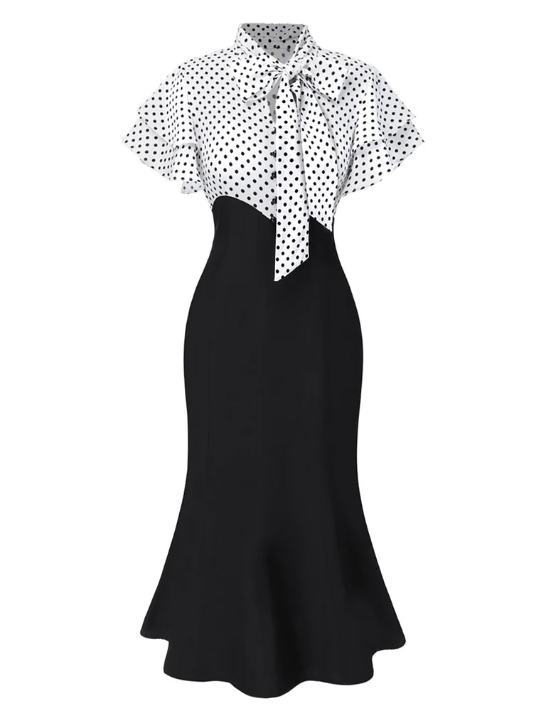[Pre-Sale] Black & Pink 1930s Dots Tie Neck Mermaid Dress