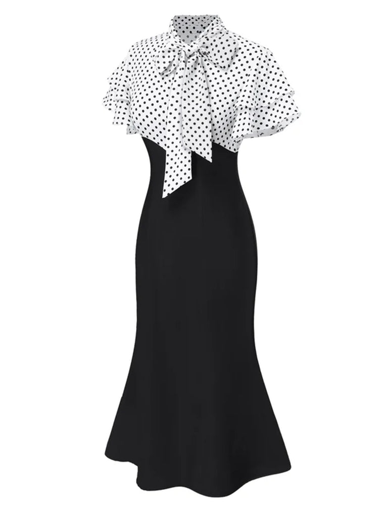 Black 1930s Dots Tie Neck Mermaid Dress