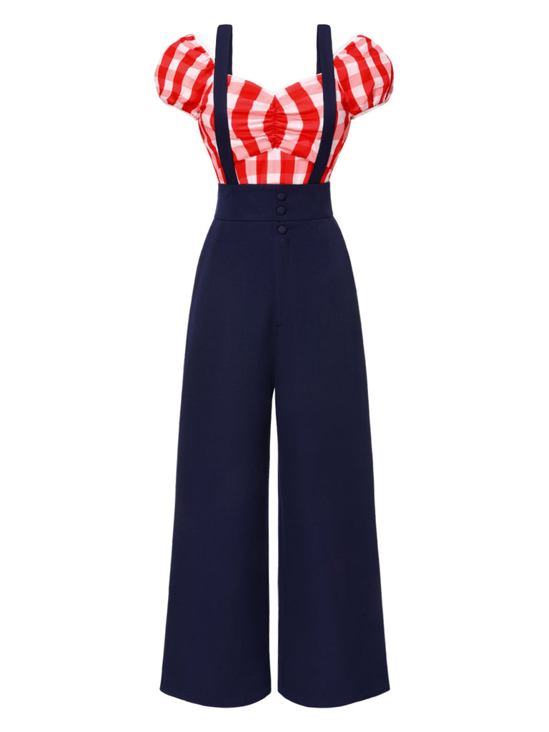 [Pre-Sale] 2PCS Red 1950s Puff Plaid Top & Blue Suspender Pants