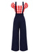 [Pre-Sale] 2PCS Red 1950s Puff Plaid Top & Blue Suspender Pants