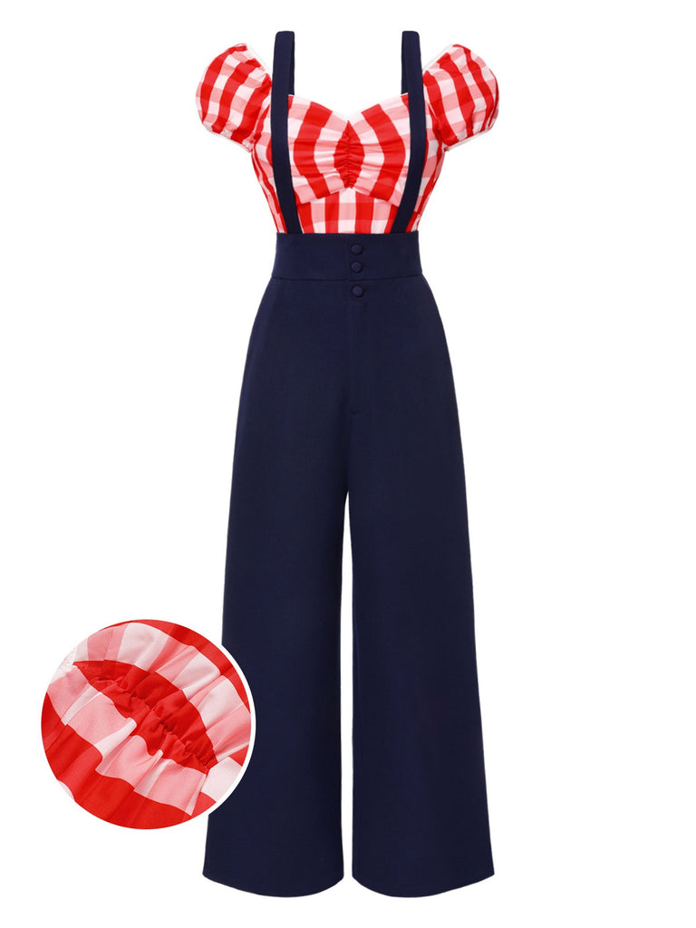 [Pre-Sale] 2PCS Red 1950s Puff Plaid Top & Blue Suspender Pants