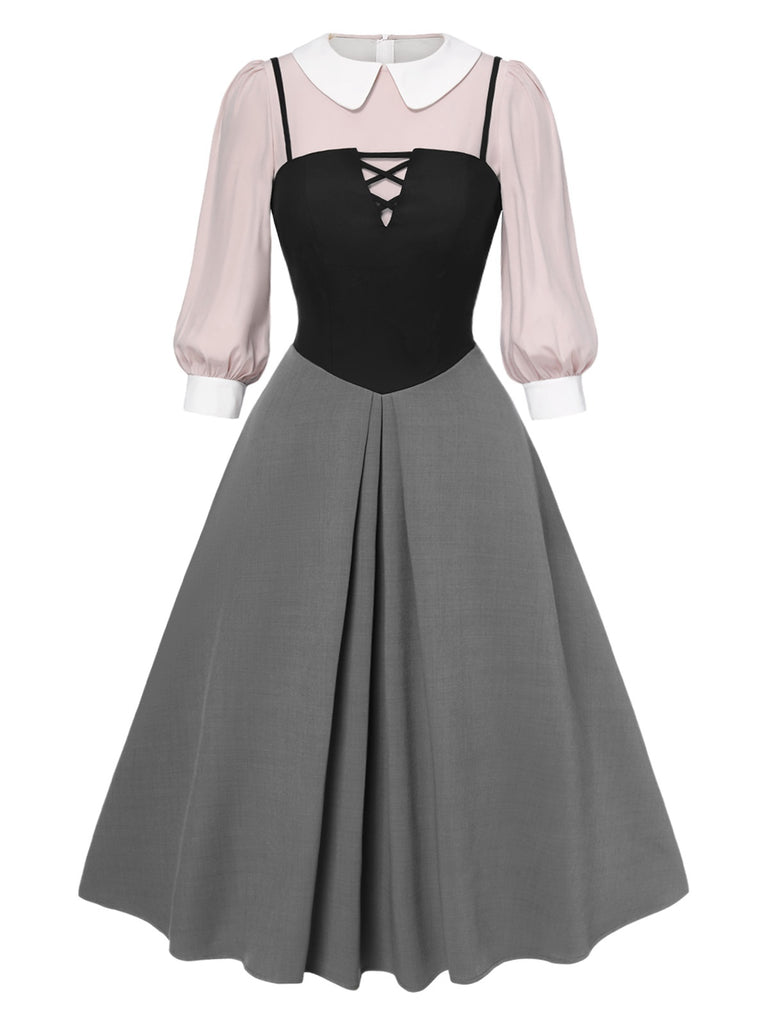 [Pre-Sale] 2PCS 1940s Colorblock Pink Blouse & Gray Dress