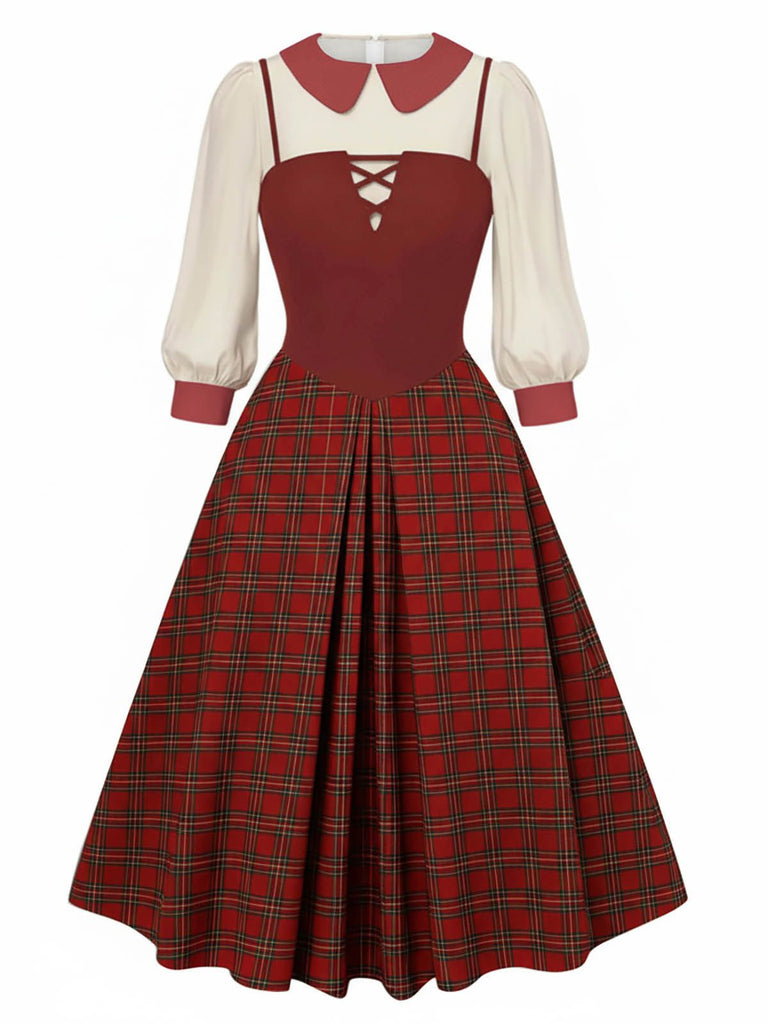 [Pre-Sale] 2PCS 1940s Colorblock White Blouse & Plaid Dress