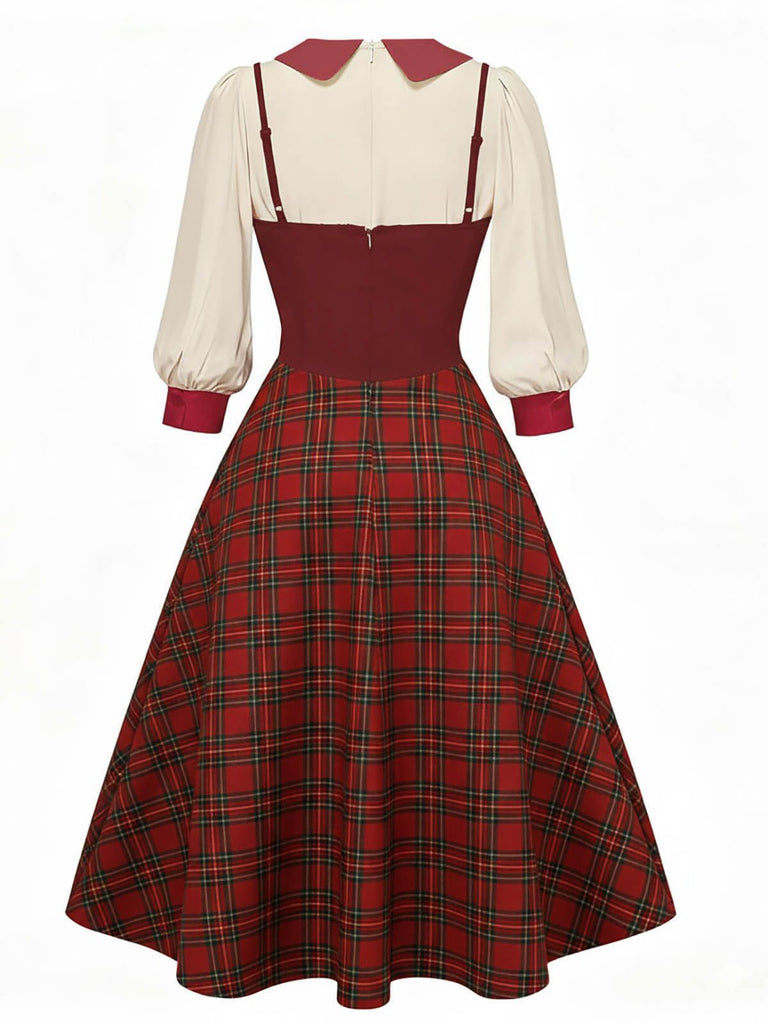 [Pre-Sale] 2PCS 1940s Colorblock White Blouse & Plaid Dress