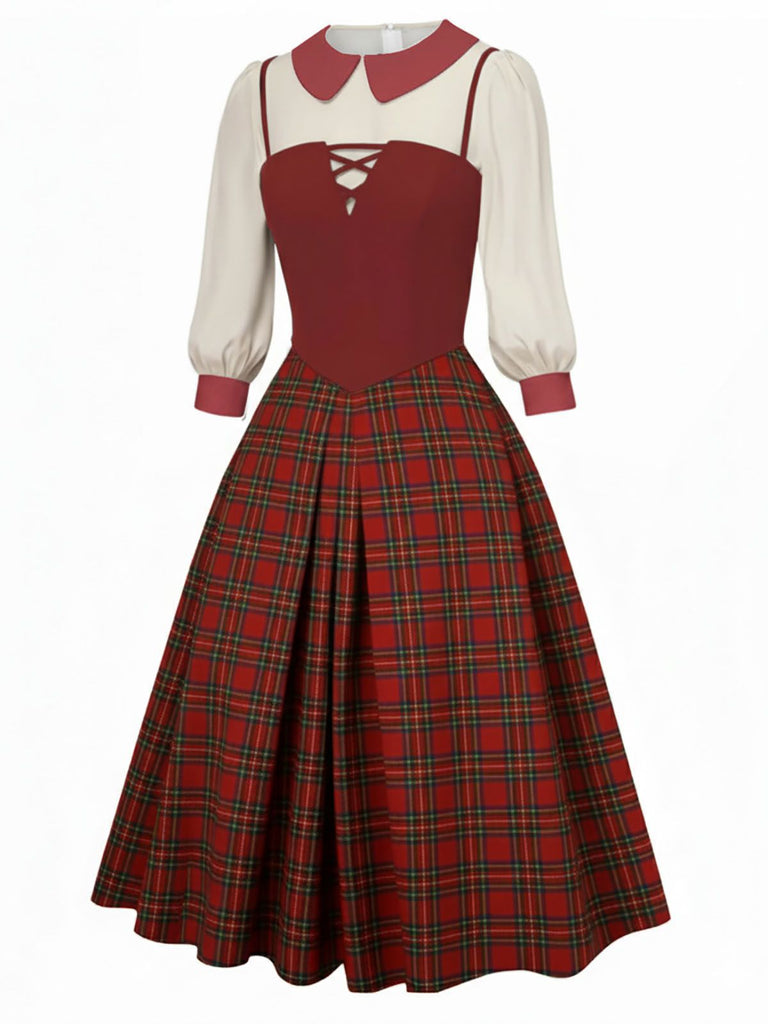 [Pre-Sale] 2PCS 1940s Colorblock White Blouse & Plaid Dress