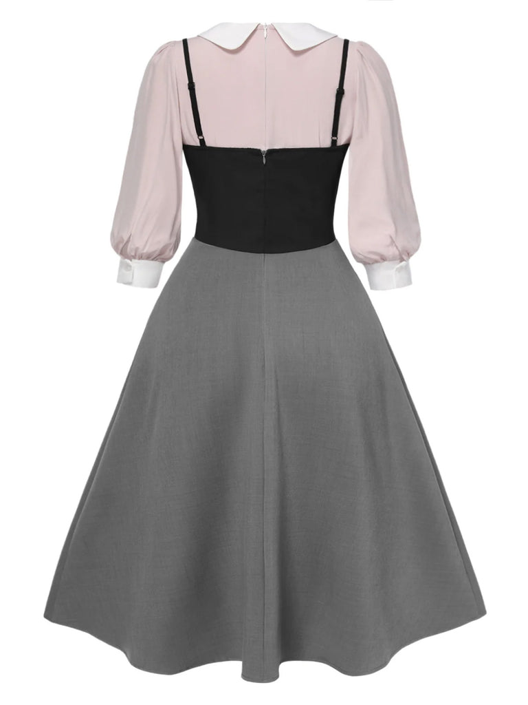 [Pre-Sale] [Plus Size] 2PCS 1940s Colorblock Pink Blouse & Gray Dress