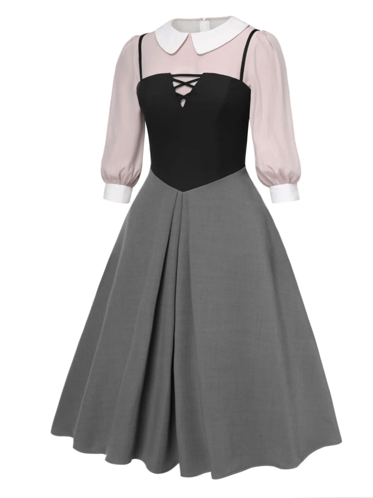 [Pre-Sale] [Plus Size] 2PCS 1940s Colorblock Pink Blouse & Gray Dress
