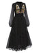 Black 1930s Boho Floral Embroidered Polka Dots Dress