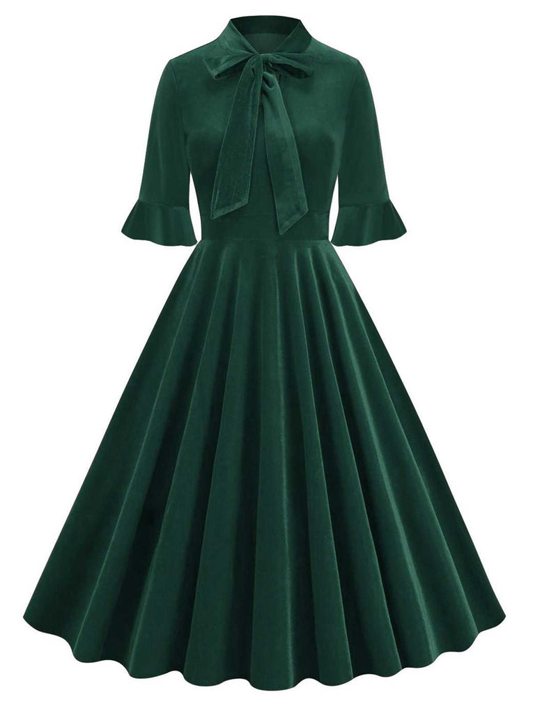 1950s Tie Neck Velvet Flared Sleeve Dress