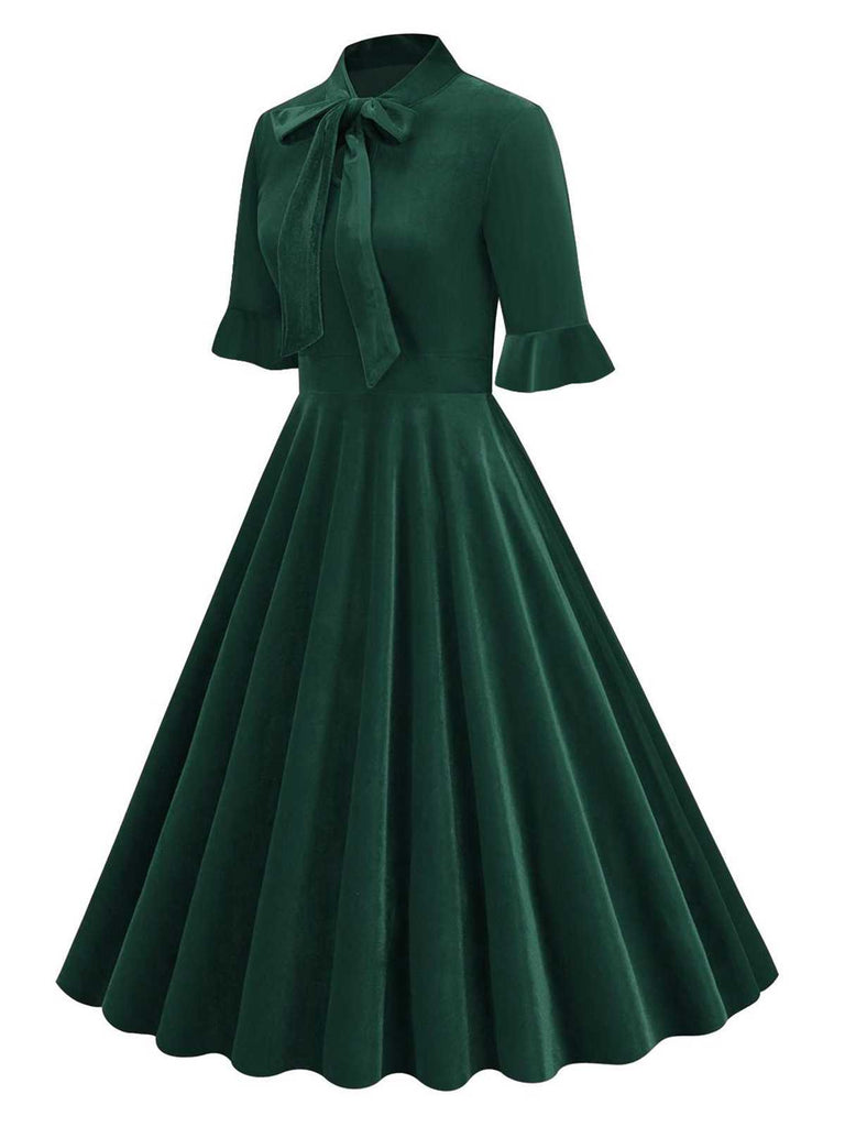 1950s Tie Neck Velvet Flared Sleeve Dress