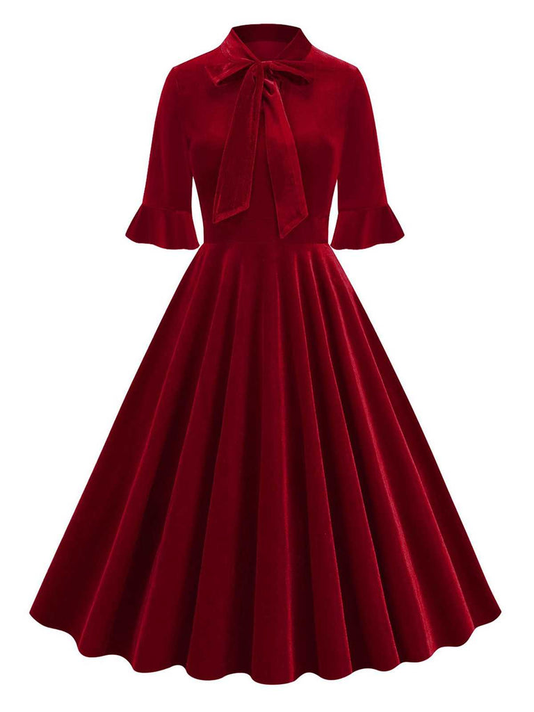 1950s Tie Neck Velvet Flared Sleeve Dress