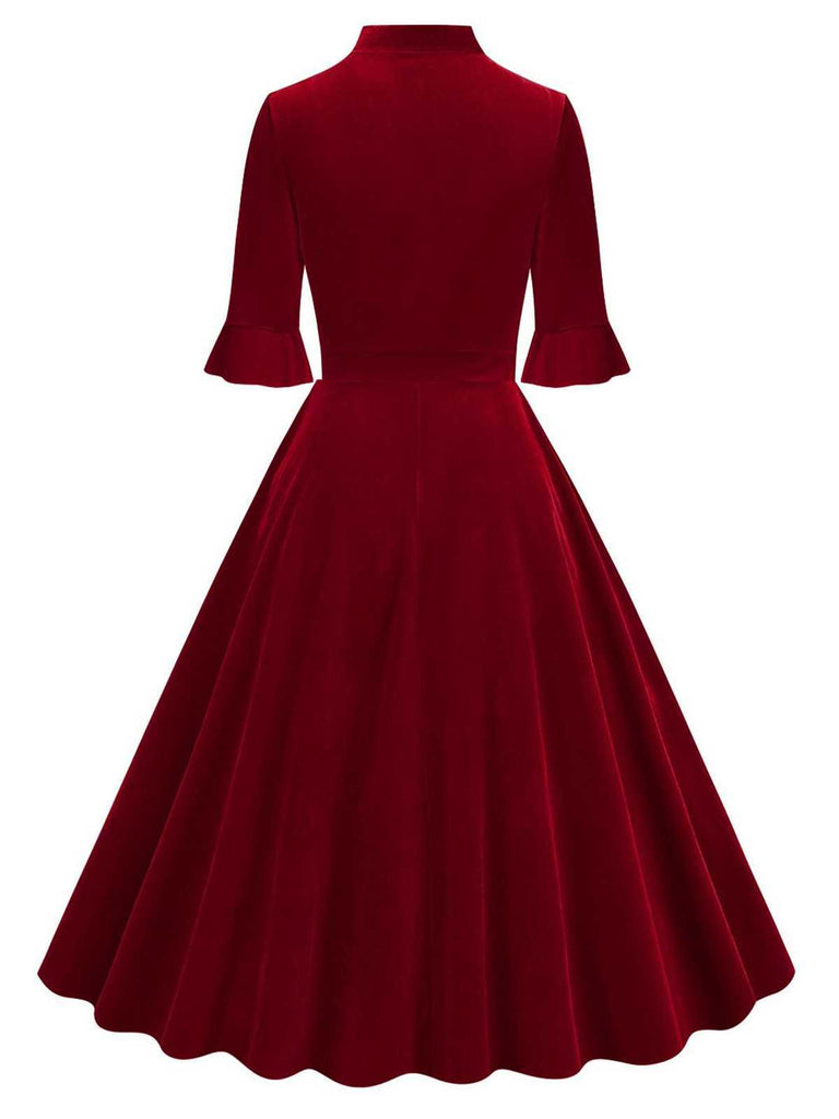 1950s Tie Neck Velvet Flared Sleeve Dress