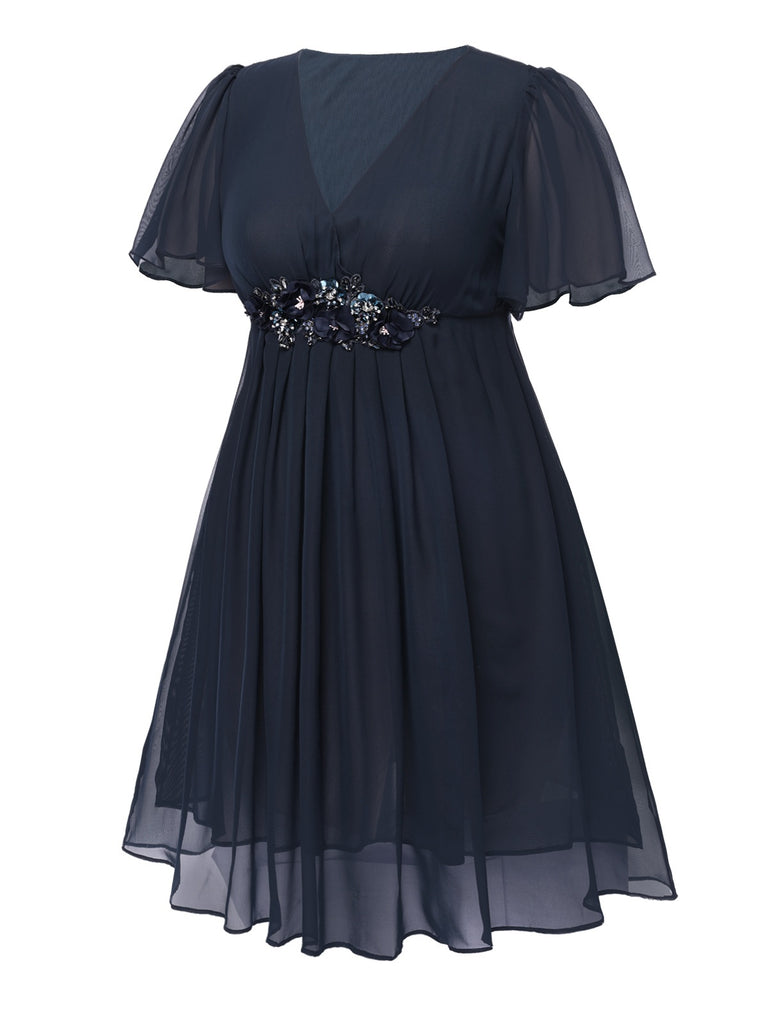 [Pre-Sale] [Plus Size] Blue 1940s V-Neck Pleated Ruffle Embroidered Dress