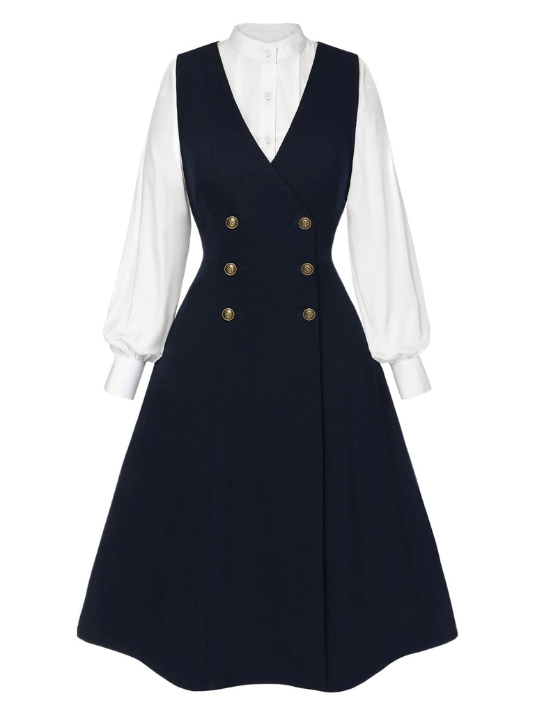 [Pre-Sale] 2PCS 1940s White Pleated Blouse & Blue Button Dress