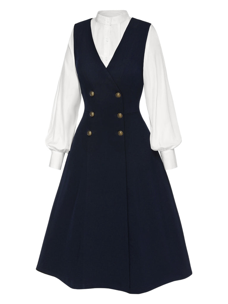 [Pre-Sale] 2PCS 1940s White Pleated Blouse & Blue Button Dress