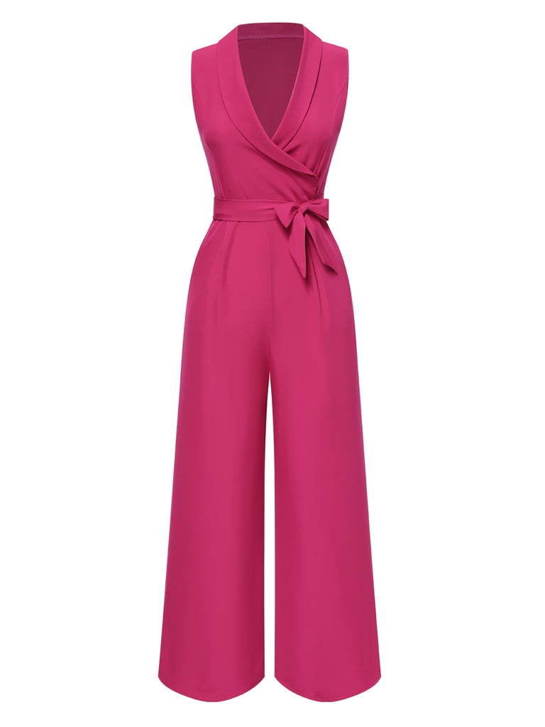 1930s V-Neck Solid Belted Sleeveless Jumpsuit