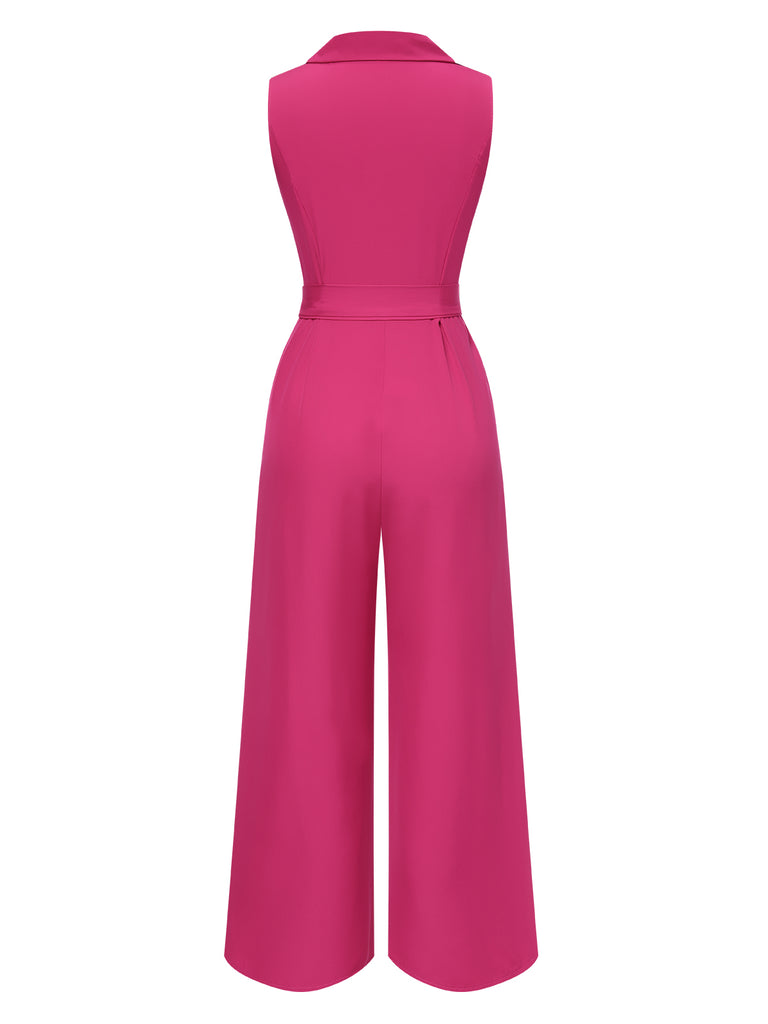 1930s V-Neck Solid Belted Sleeveless Jumpsuit