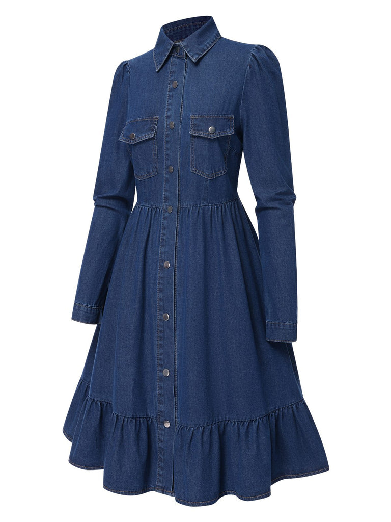 Blue 1970s Shirt Collar Buttoned Denim Dress