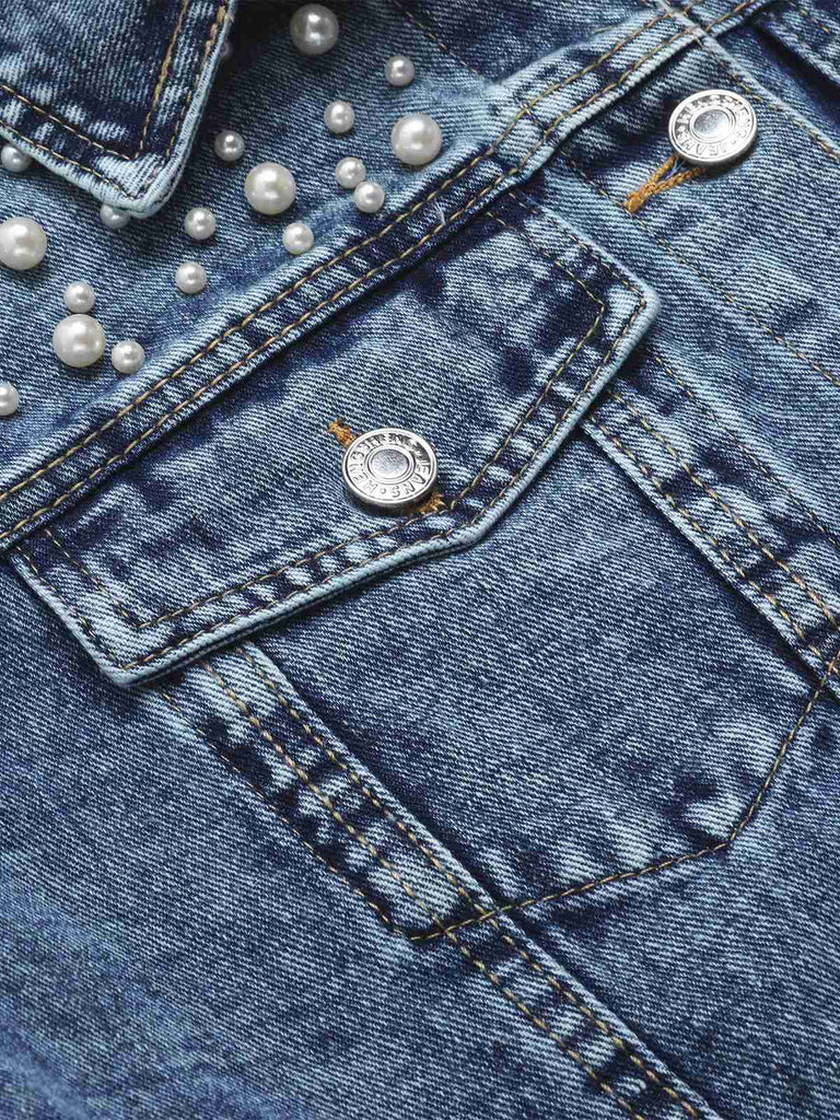 Blue 1950s Lapel Pearls Denim Short Coat