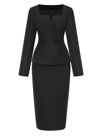 2PCS Black 1960s Solid Square Neck Top & Back-Slit Skirt