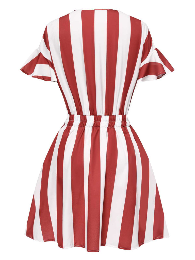 1950s Lapel Red And White Striped Dress