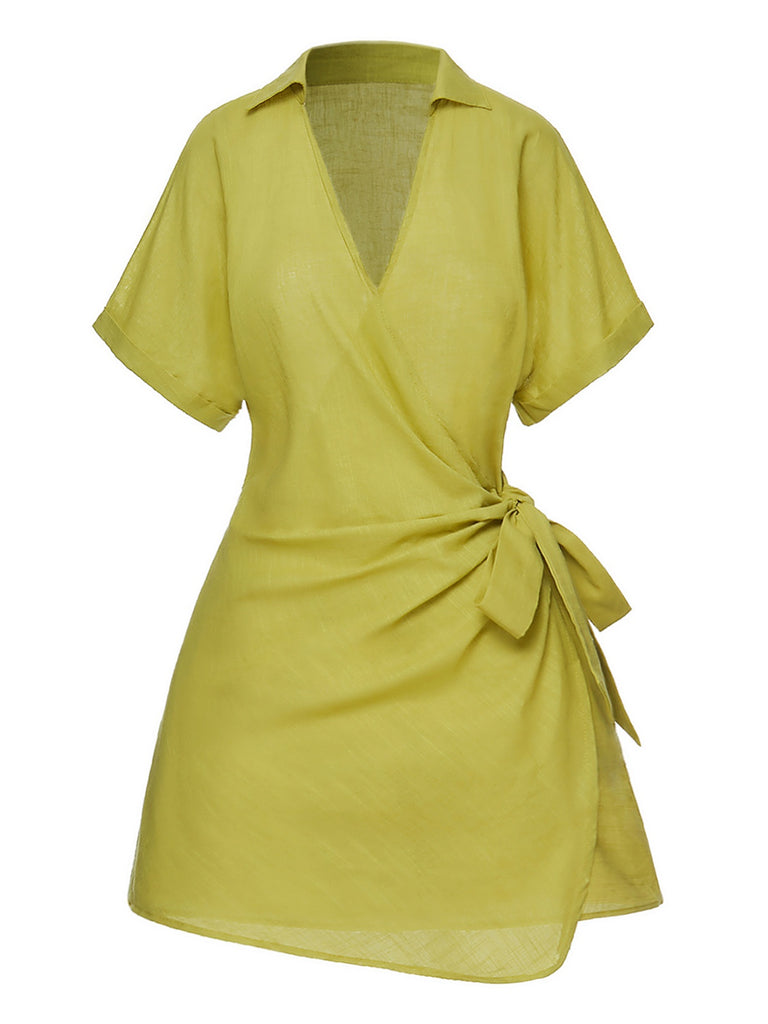 Green 1940s V-Neck Lapel Waist Tie Romper