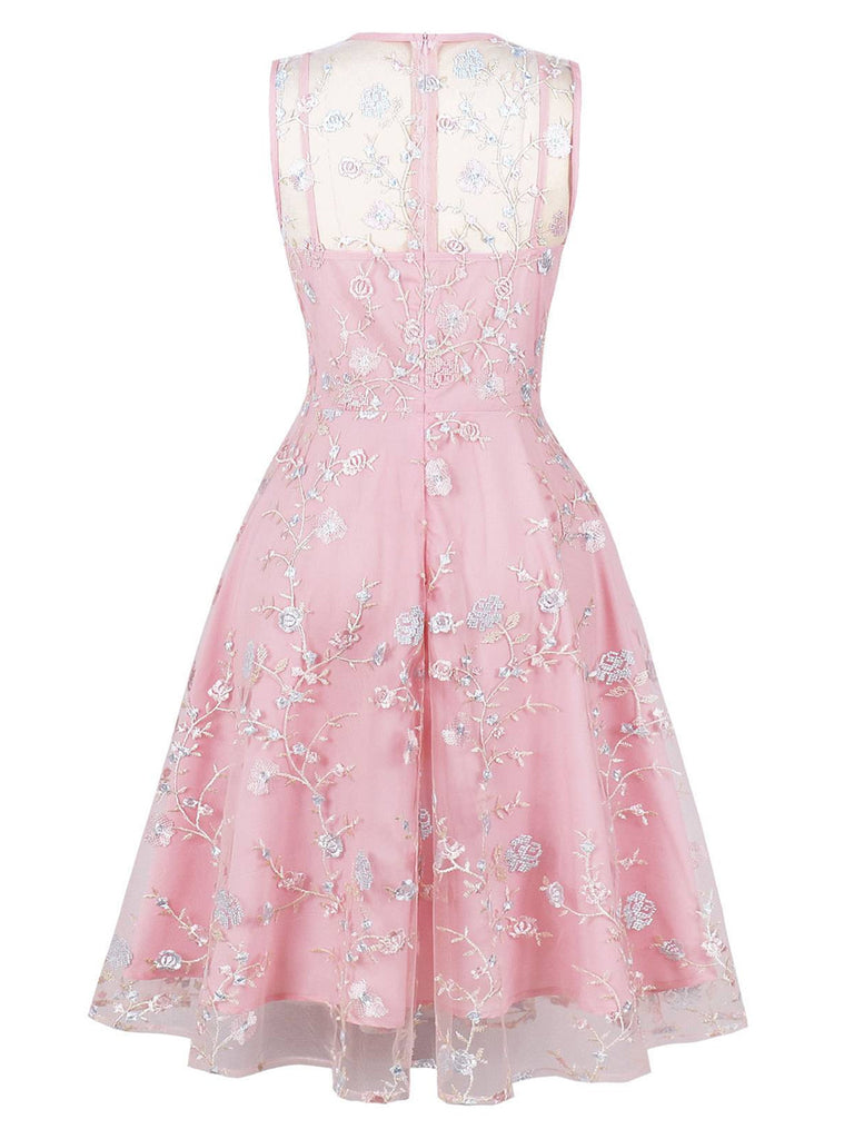 Pink 1950s Floral Embroidered A-Line Sleeveless Dress