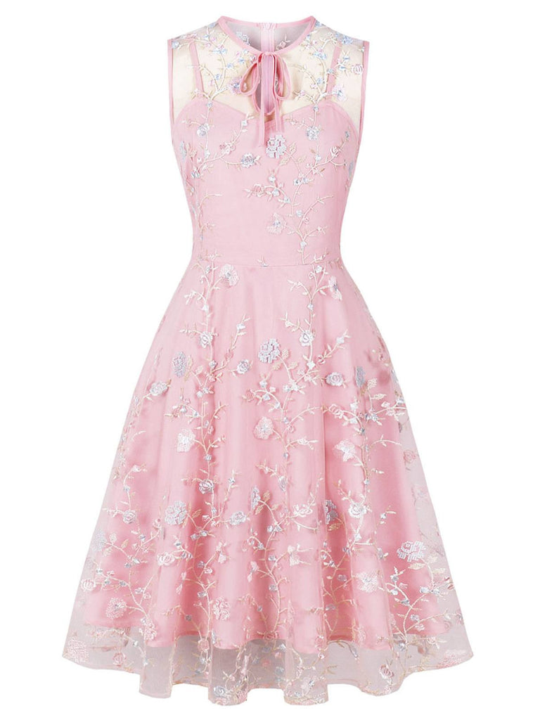 Pink 1950s Floral Embroidered A-Line Sleeveless Dress