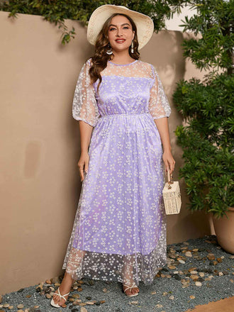 [Plus Size] Lavender 1950s Mesh Flower Embroidered Dress