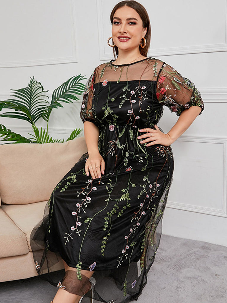 [Plus Size] 1940s Floral Embroidered Mesh Dress