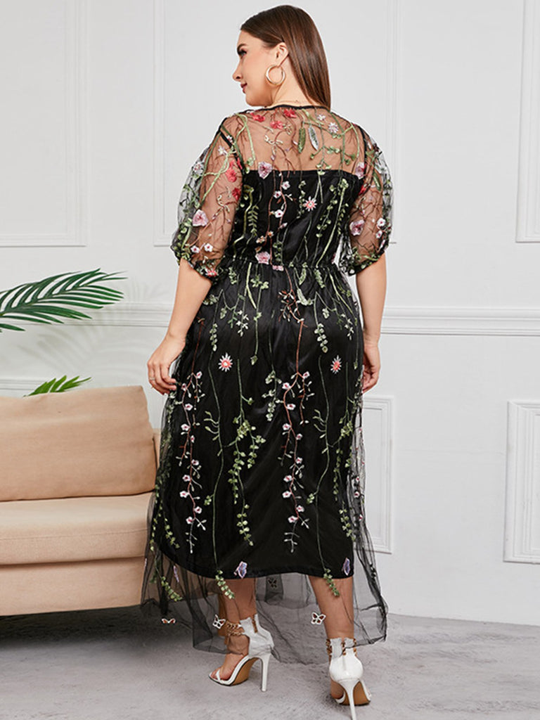 [Plus Size] 1940s Floral Embroidered Mesh Dress