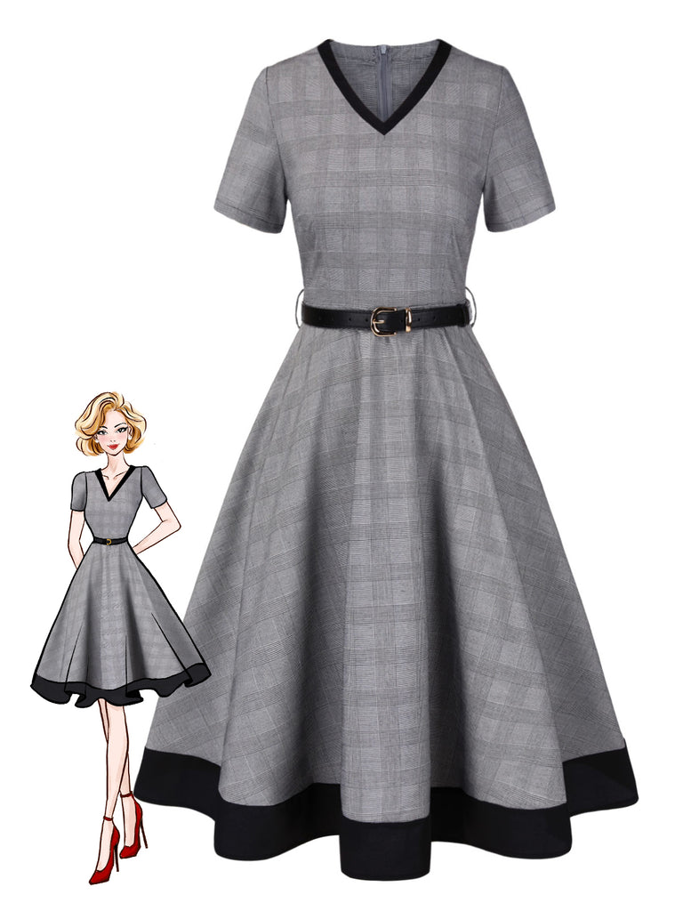 [Pre-Sale] Grey 1950s Houndstooth Belted Dress