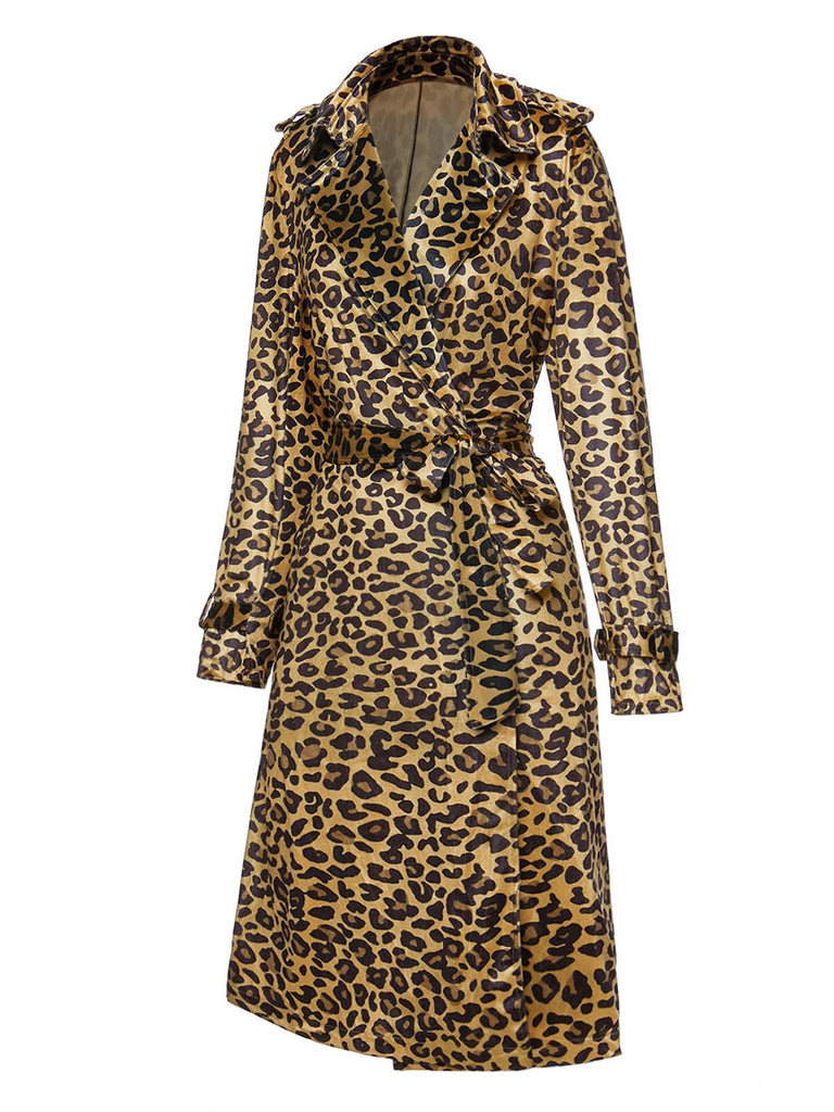 Brown 1950s Leopard Corduroy Lapel Belted Coat