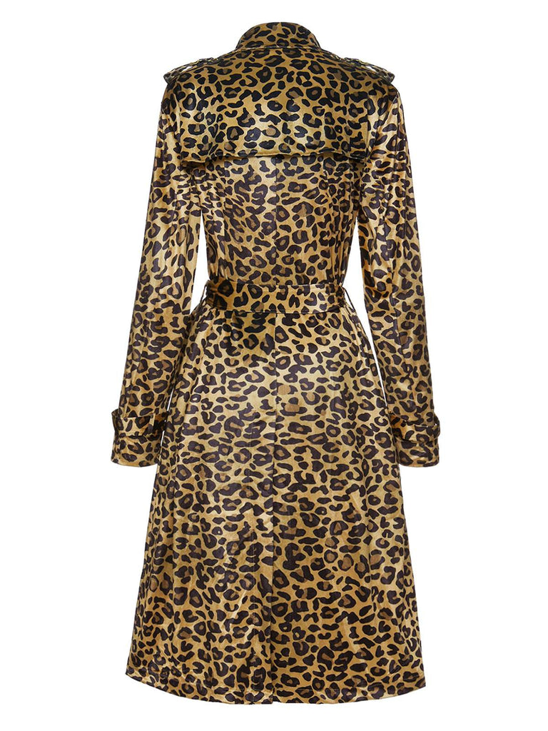 Brown 1950s Leopard Corduroy Lapel Belted Coat