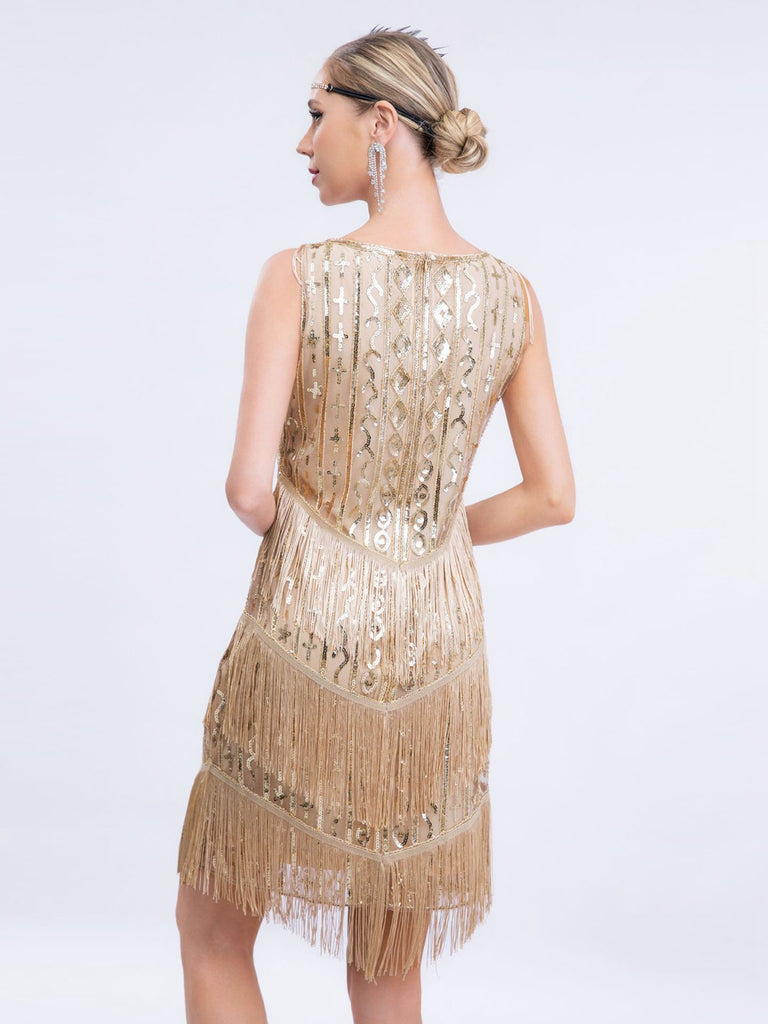 Gold 1920s Gatsby Sequins Tassel Patchwork Dress